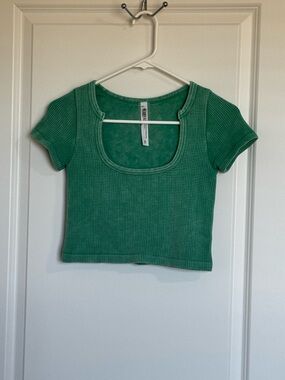 AS Revival Green Waffle Knit Crop Top Scoop Neck Stretch Fitted M/L